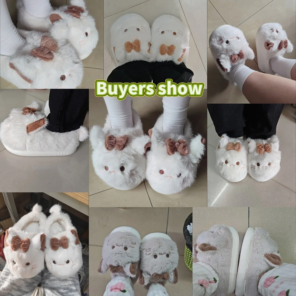 Home slippers winter for women cute kitty fluffy shoes warm slip-on fur clogs girls lovely cat slipper with bow-tie