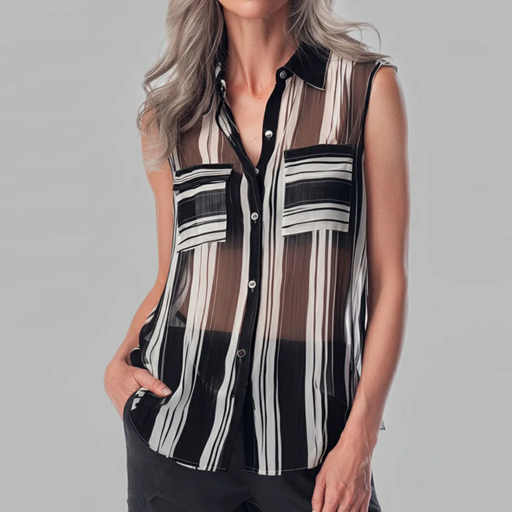 

Черно-белые полосатые прозрачные рубашки без рукавов для женщин, летние рубашки с воротником и пуговицами, блузки и свободные женские топы