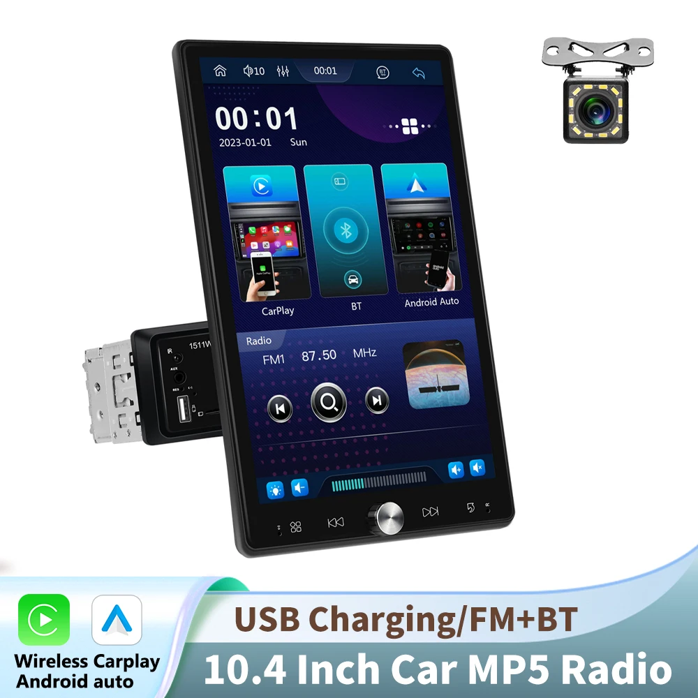 Podofo 1din autoradio draadloze CarPlay Android Auto multimediaspeler audio stereo FM BT Mirrorlink MP5 autostereo AUX USB SWC