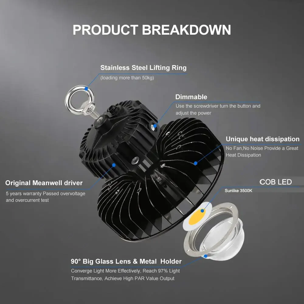 Luz LED COB de espectro completo para cultivo de plantas, lámpara con controlador Meanwell, UFO100W, 200W, 3500K, CXM32, LM301B, CXB3590