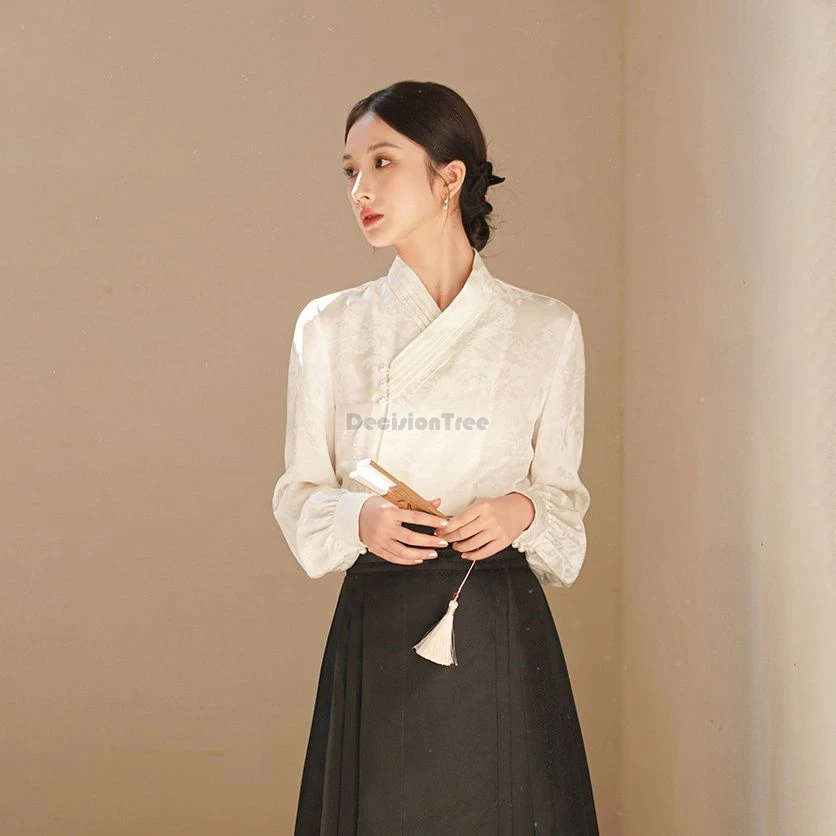 

2024 китайская династия Мин, ретро ханьфу, улучшенный шикарный жаккардовый Топ ханьфу, однотонная плиссированная юбка с принтом лошади