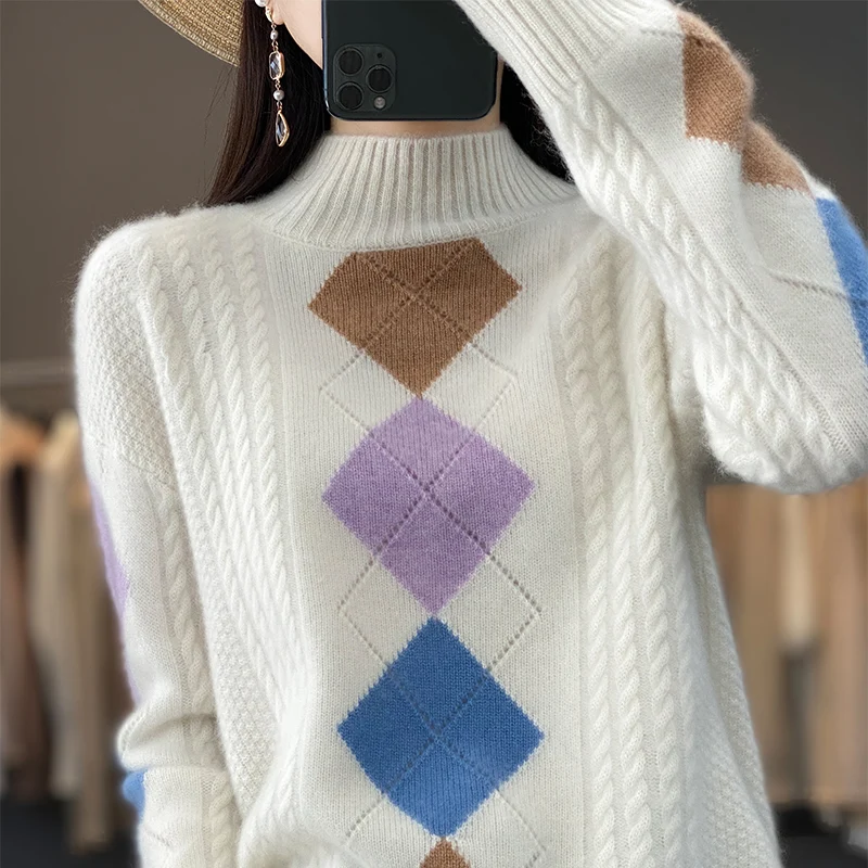 

Cashmere sweater Women's half high neck Women's sweater 100% pure wool knitted pullover color blocking warm fashion top