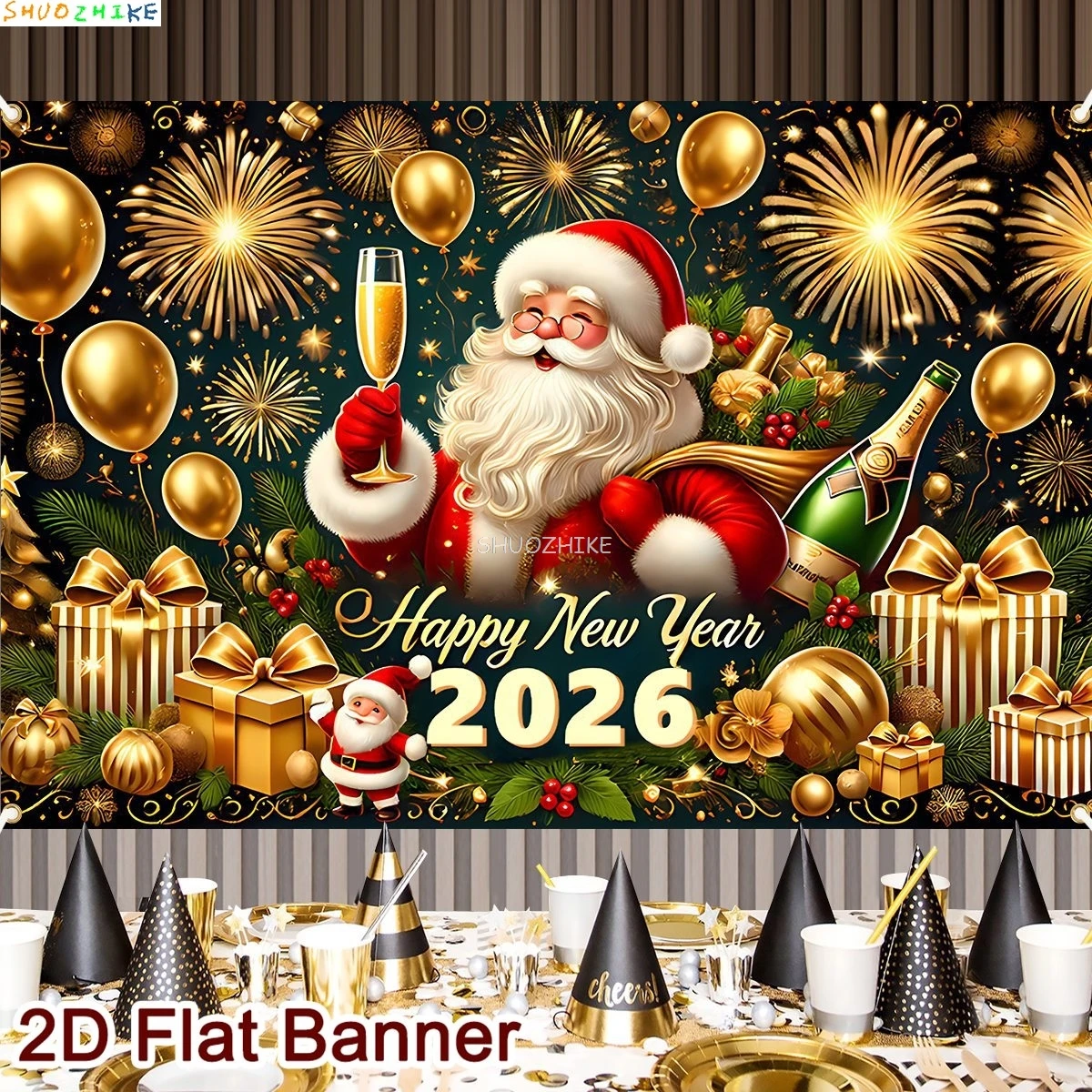 

2026 Gold Happy New Year Background Glitter Clock Champagne Lights Balloons Christmas Family Party Photography Backdrop NY-21