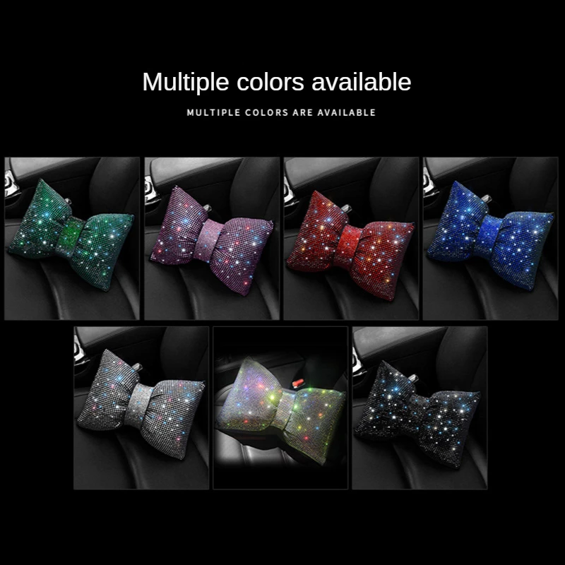 Full Drill Car Bling Neck Pillow Set For Women Interior Accessories Glitter Bowknot Headrest Cushion Waist Support Pink Lumbar