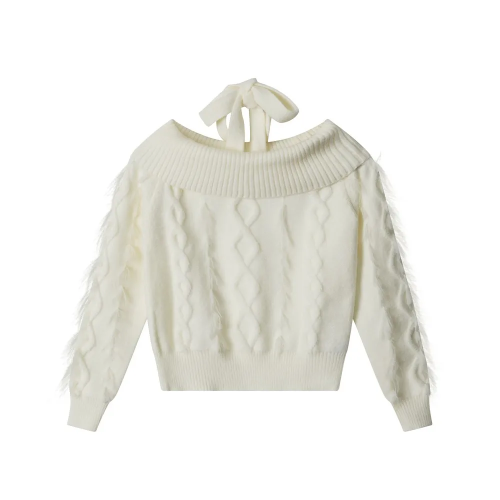 Suéteres con cuello Halter liso básico con hombros descubiertos, ropa de invierno tejida de diseñador, jerséis sexys, Tops para mujeres y niñas