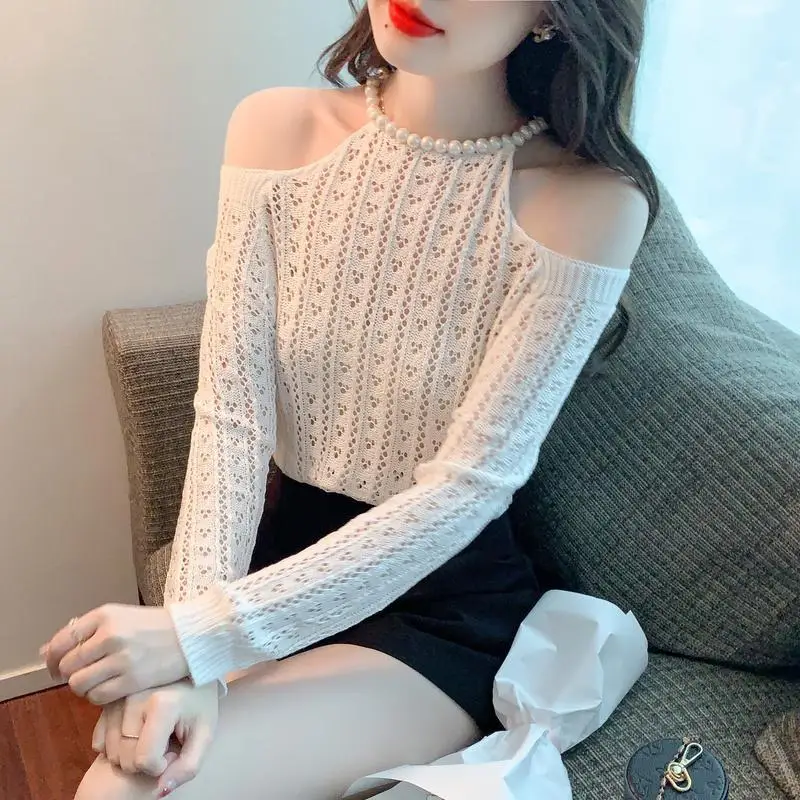 Spring Autumn New Carefully Machine Hollow Neck Hanging Shoulder Women's Knitted Bottom Shirt with Inner Layer to Look Thin Top