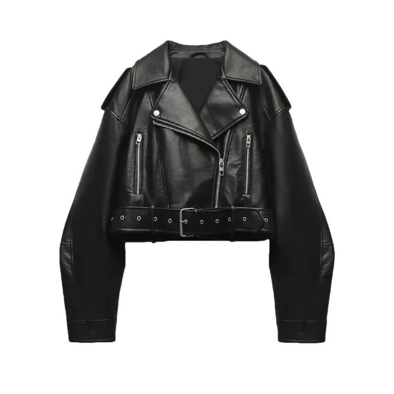 

New Spring Woman Faux Leather Jacket Chic Vintage American street wear Short Lapel Zipper Belt Biker Coats Fashion Streetwear