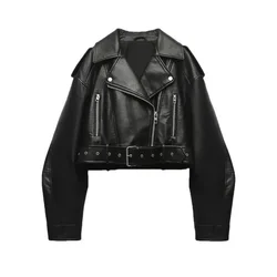 New Spring Woman Faux Leather Jacket Chic Vintage American street wear Short Lapel Zipper Belt Biker Coats Fashion Streetwear