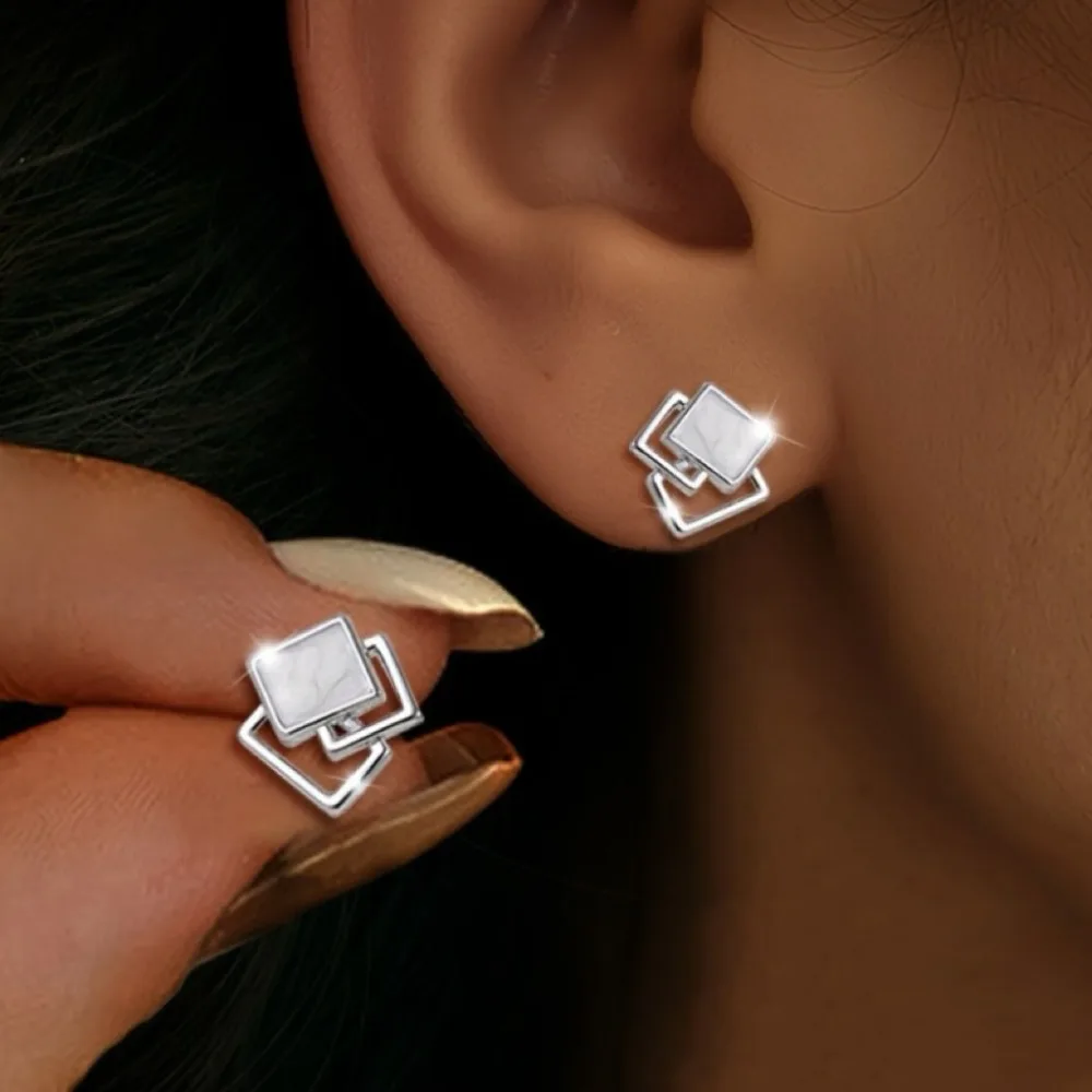 Minimalist Fashion Stainless Steel Silver Color Geometric Square White Shell Stud Earrings for Women Hypoallergenic Jewelry Gift