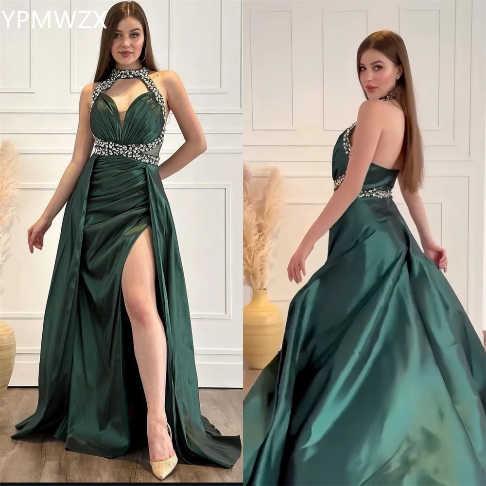 

Customized Evening Dress Women Party Occasion Formal YPMWZX Halter Ball Floor Length Skirts Ruffle Bead Bespoke Dresses