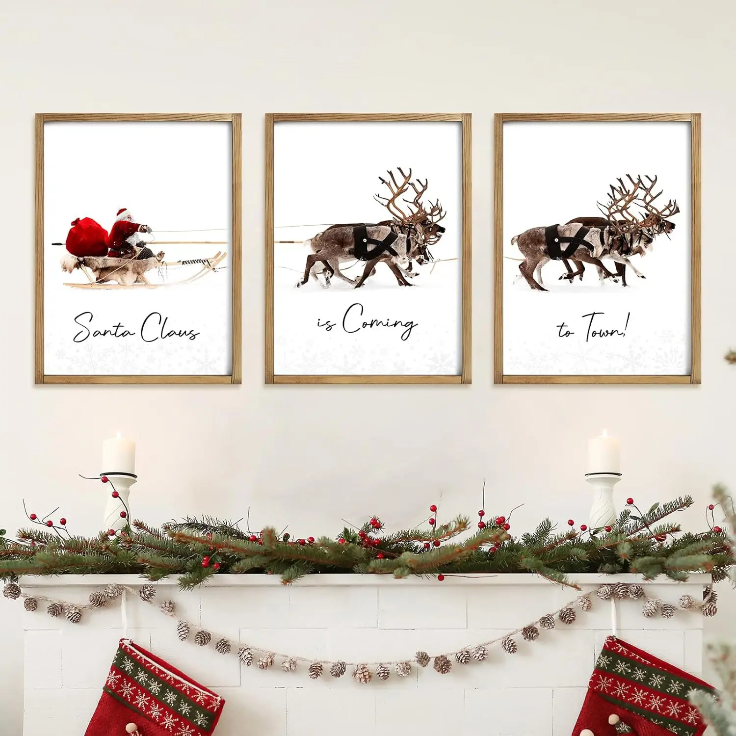 Simple modern sofa background wall triple cnvas painting Christmas country style Santa Claus decorative painting