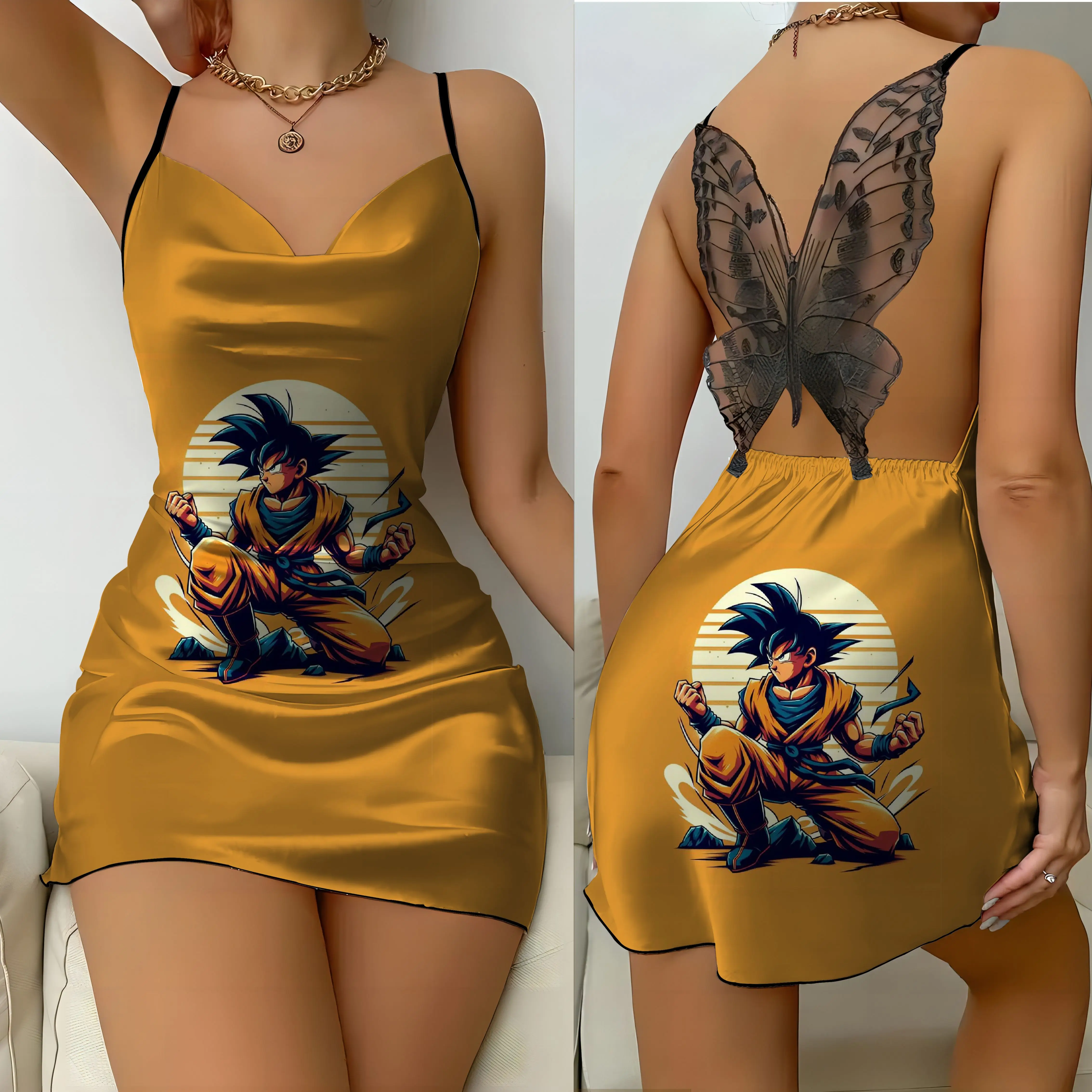 Falda de pijama con espalda descubierta para mujer, vestido de fiesta con lazo, Bola de Dragón, superficie de satén, Son Goku, moda de verano 2024