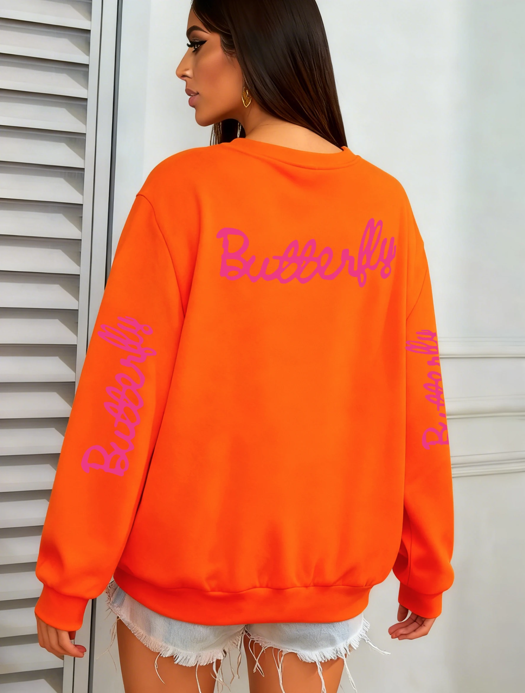 Różowa bluza damska z nadrukiem motyla, okrągły dekolt, luźny krój unisex, odzież codzienna, jesienna bluza do joggingu, polarowa odzież uliczna