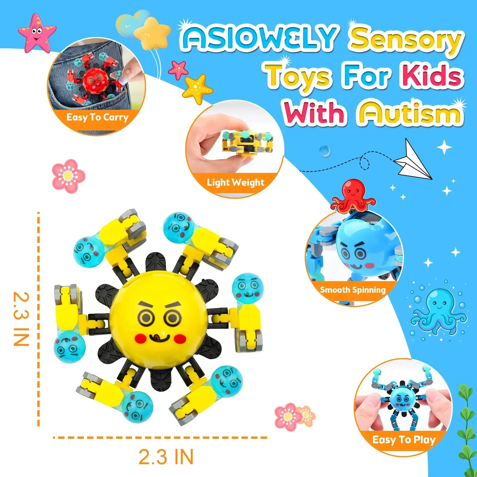 Transformable Fidget Spinners 4 Pcs for Kids and Adults Stress Relief Sensory Toys Fingertip Gyros for Autism for Kids Gifts