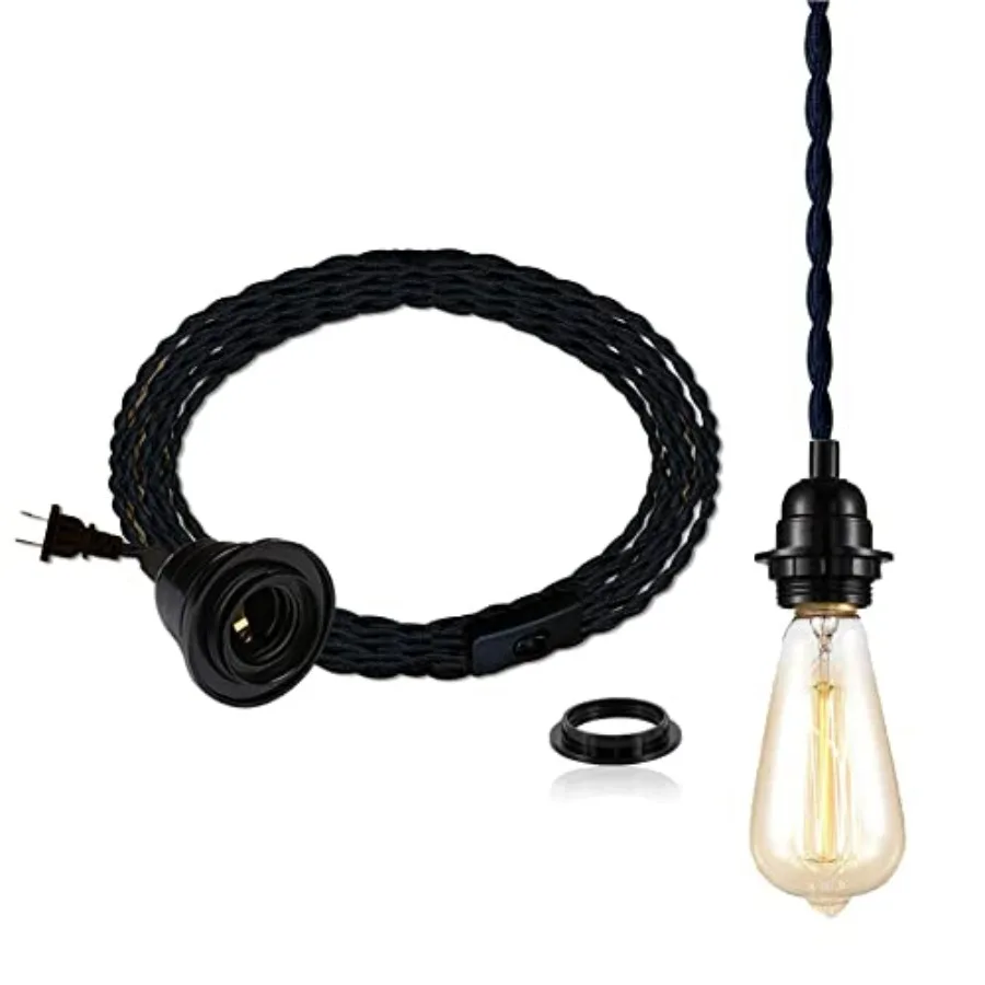 DIY 15ft Plug in Black Pendant Light Cord Farmhouse Vintage Ceiling Hanging Fabric Lamp Cord Kit Twisted Hemp Rope Switch E26 S