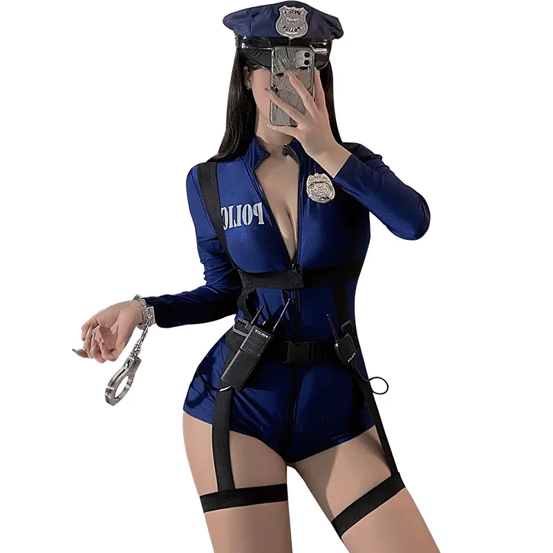 Sex Club Female Locomotive Police Double Head Zipper Free Crotch Cosplay Uniform Female Femboy Sexi Lingerie Sets Skirt 18 Sexy