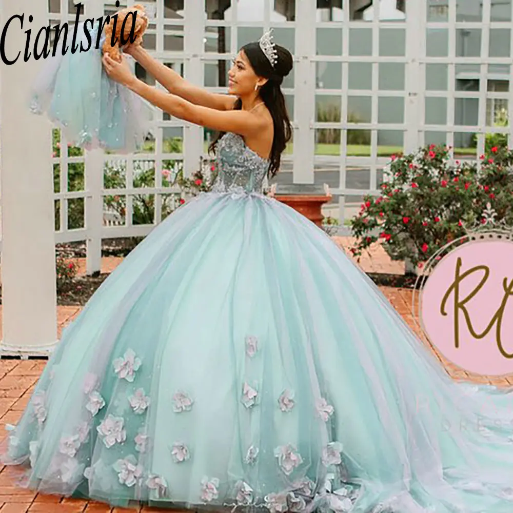 Vestido De baile plisado De flores 3D, ilusión azul claro, quinceañera, apliques De corazón, corsé De encaje, 15 Años