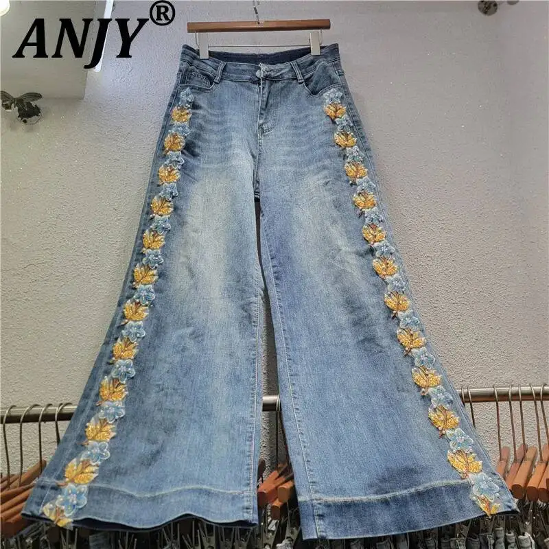 ANJY Spring Autumn New Women Loose Casual Side Embroidered Floral Design Jeans Washed Versatile Chic Wide-leg Denim Pants A25442