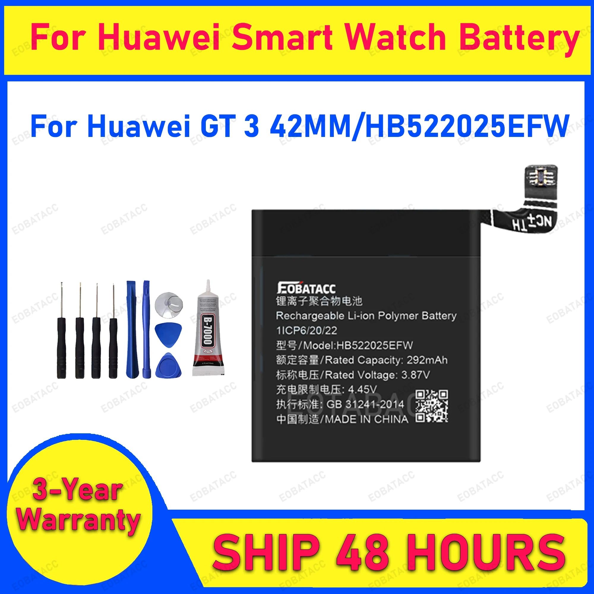 

2025 Years EOBATACC 100% New HB522025EFW Replacement Watch Battery For Huawei GT 3 42MM GT3 Smart Bateria + Free Tools