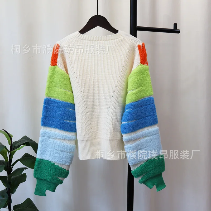 Hsa Women Knitted Coat Contrast Color V-Neck Long Sleeve Top 2023 New Dopamine Rainbow Striped Cardigan Sweater Jacket Female