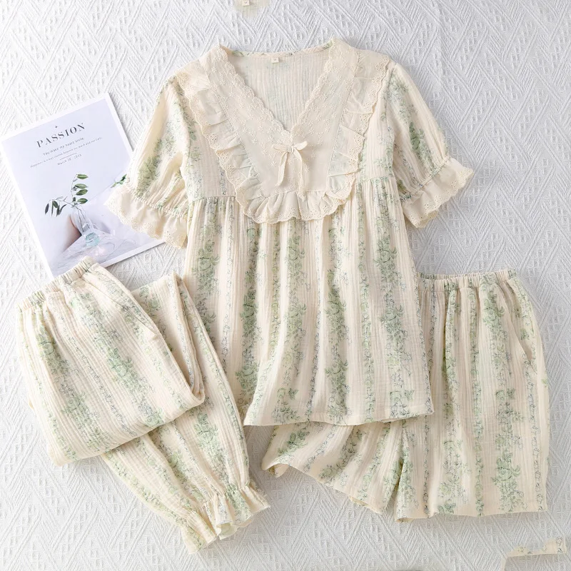 Three Piece Sleepwear Set Cotton Pajamas For Spring And Summer Women's Thin Style Loose French Style Home Clothing Set