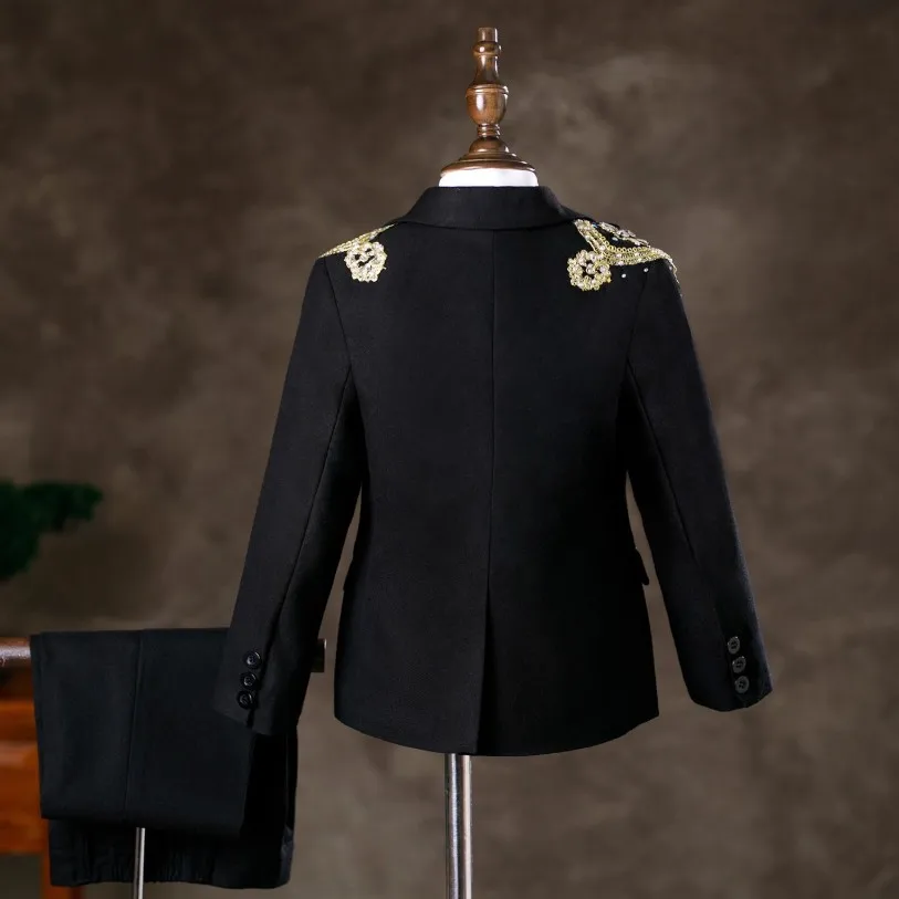Luxus-Smokinganzug für Jungen, Kinder-Goldspitzen-Stickerei-Blazer, Weste, Hosen-Set, Hochzeitsfeier, Klavier-Auftritts-Kostüm, Anzug A4773 – Detail 5