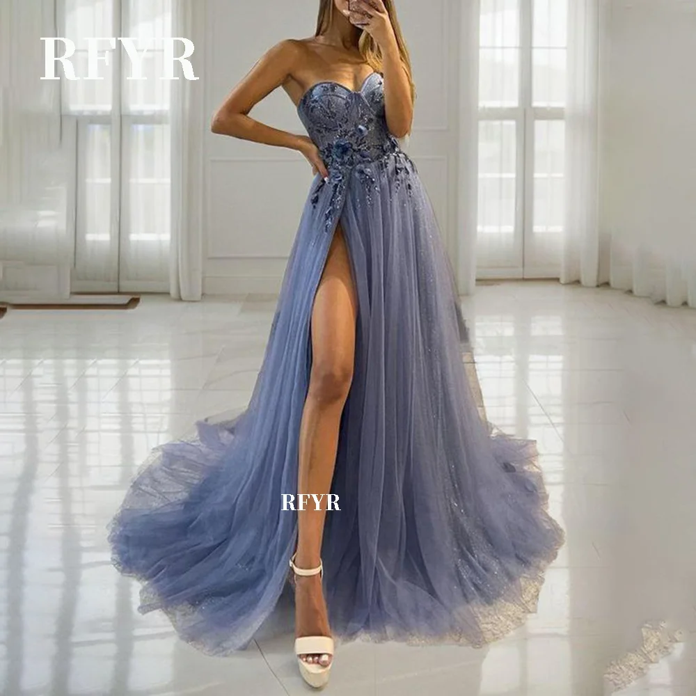 RFYR Abito da sera blu con scollo a cuore Abito da festa in pizzo con applicazioni per matrimonio Abito per occasioni speciali con spacco alto laterale personalizzato
