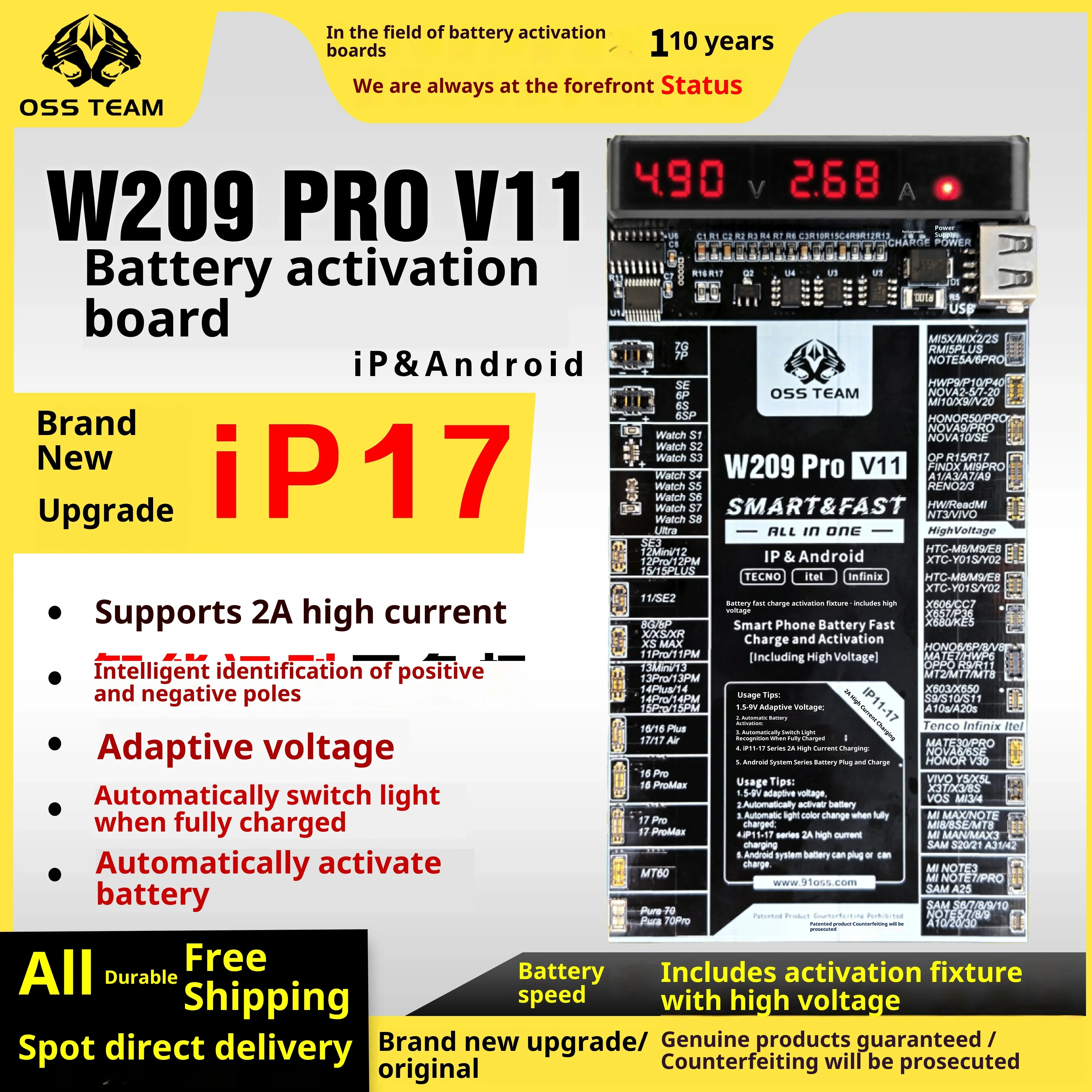 

OSS W209 PRO V11 Battery Activator Panel Fast Charge Detection Board For iPhone 6-17 Pro Max Samsung Android Phones Activation