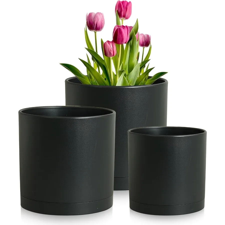 

8 7 6 inch Plant Pots 3 Set Cylinder Flower Pots for Outdoor Indoor Plants Drative Plastic Planters with Drainage Holes and Sau