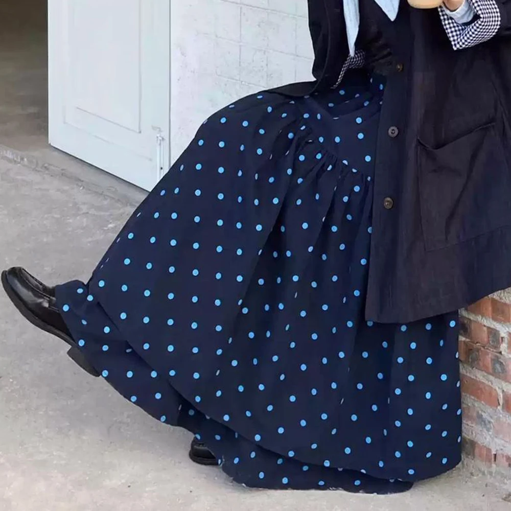 Korean retro double-layer polka dot skirt women's high waist and thin big pendulum a word medium and long  cake skirt