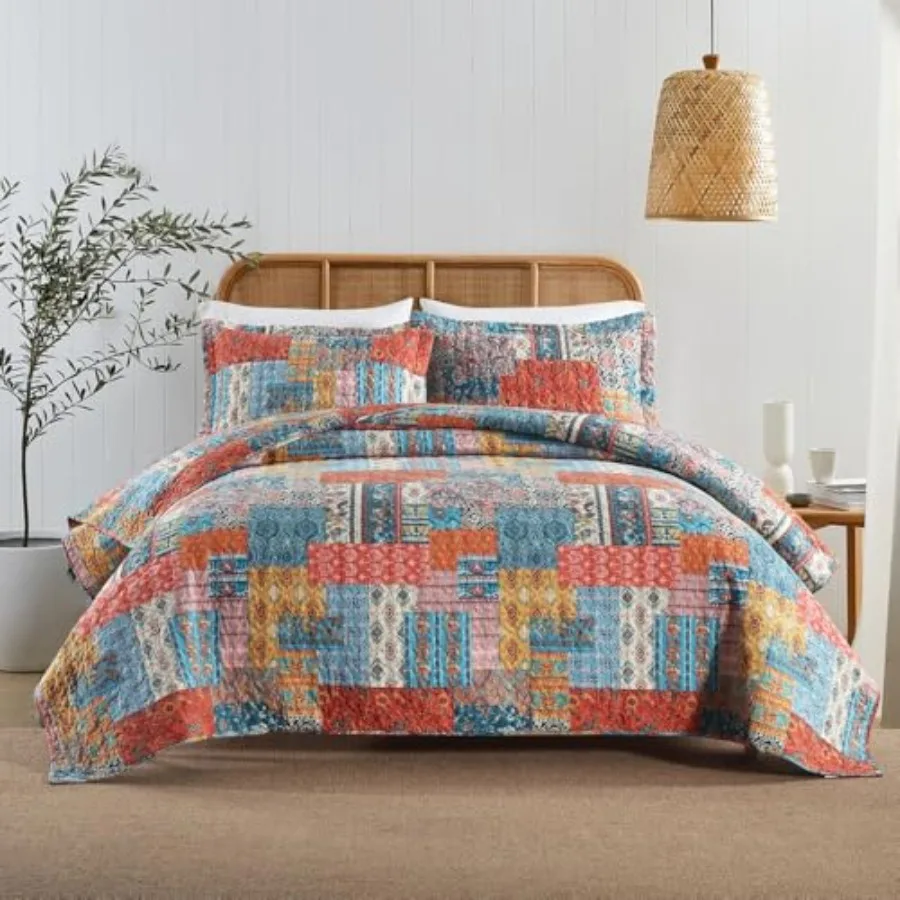 

Cotton Bedspread Quilt Sets Reversible Coverlet Sets Comforters Vintage Bohemian Patchwork Bedspread, Orange