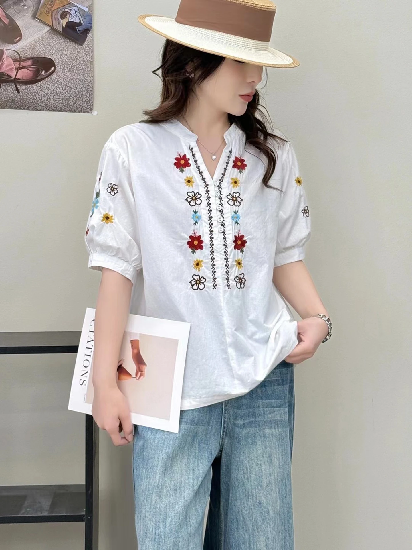 New 2025 Summer Cotton Short Sleeve Shirt, Women V Neck Embroidery, Mori Girl Vintage Ethnic Style Casual Loose Blouse T55771CC