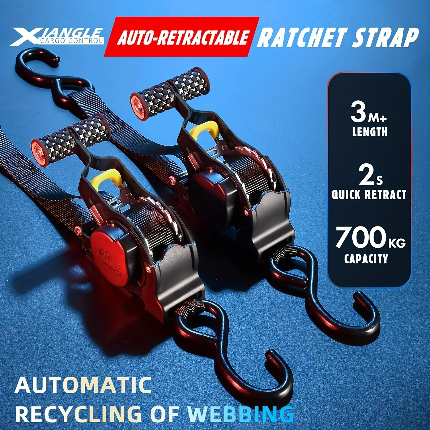 Scalable ratchet strap (2-piece set), ensuring a maximum breaking strength of 1500 pounds, automatic retractable strap