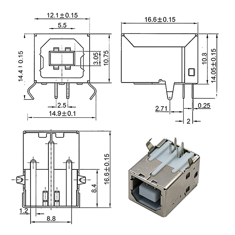 10PCS USB‑BF Square USB‑B Female Socket Connector, 90/180 Degree Bent Pin Panel Mount USB‑B Receptacle For PCB Soldering