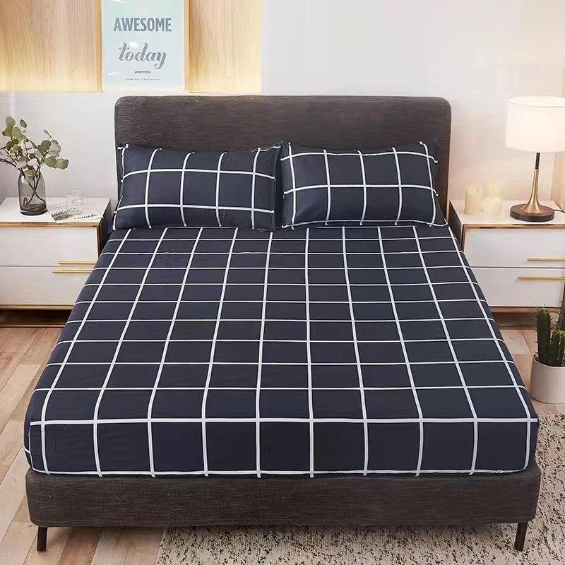 JUSTCHIC Bed Sheet White Black Lattice Stripes Printing Fitted Sheet Mattress Cover Non Slip Bedspread