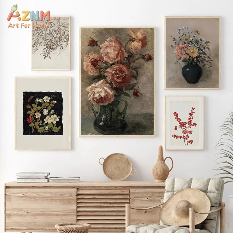 AZNM Vintage Floral Canvas Print Retro Pink Rose Flower Vase Botanical Antique Oil Painting Neutral Tone Unframed Wall Poster De