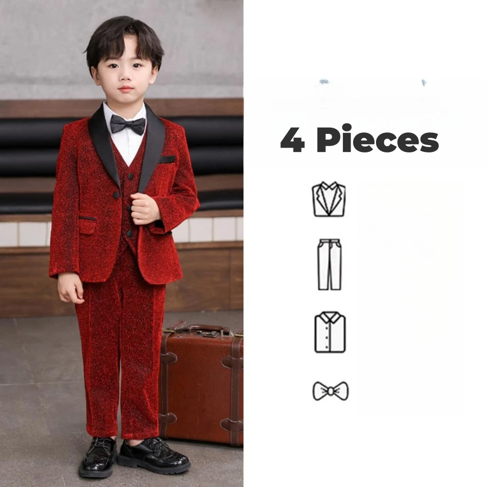 

Luxurious Red Christmas Suit Set 4 Pieces For Boys Elegant Styliah Shawl Lapel Kids Formal Suits Performance Costumes 90-170cm