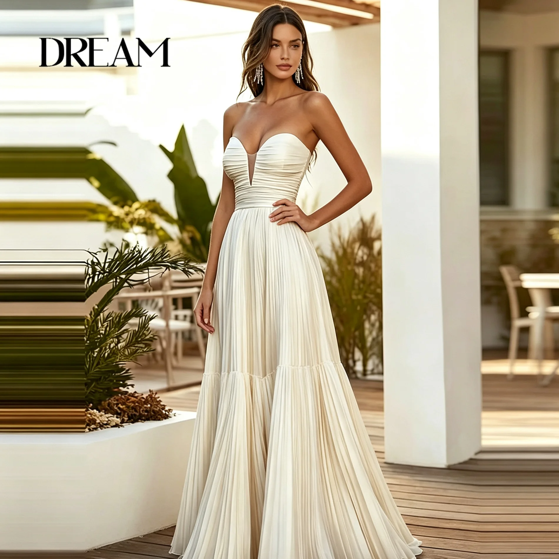 Dream Pleated Wedding Dress Strapless Sweetheart Deep V Neck Bridal Gown Tiered A Line Flowy Beach Custom Made Wedding Dress