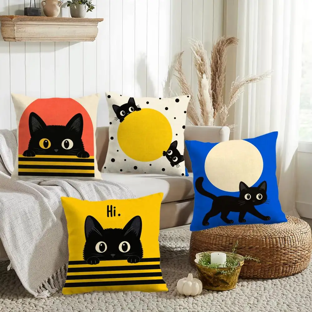 Hello Black Cat Cushion Cover Silky Short Plush Invisible Zipper Dustproof Sofa Pillow Case for Home Decor