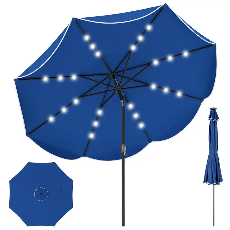 

9 FT Scalloped Solar Patio Umbrella Market Table Umbrella with 24 LED Lights-Navy
