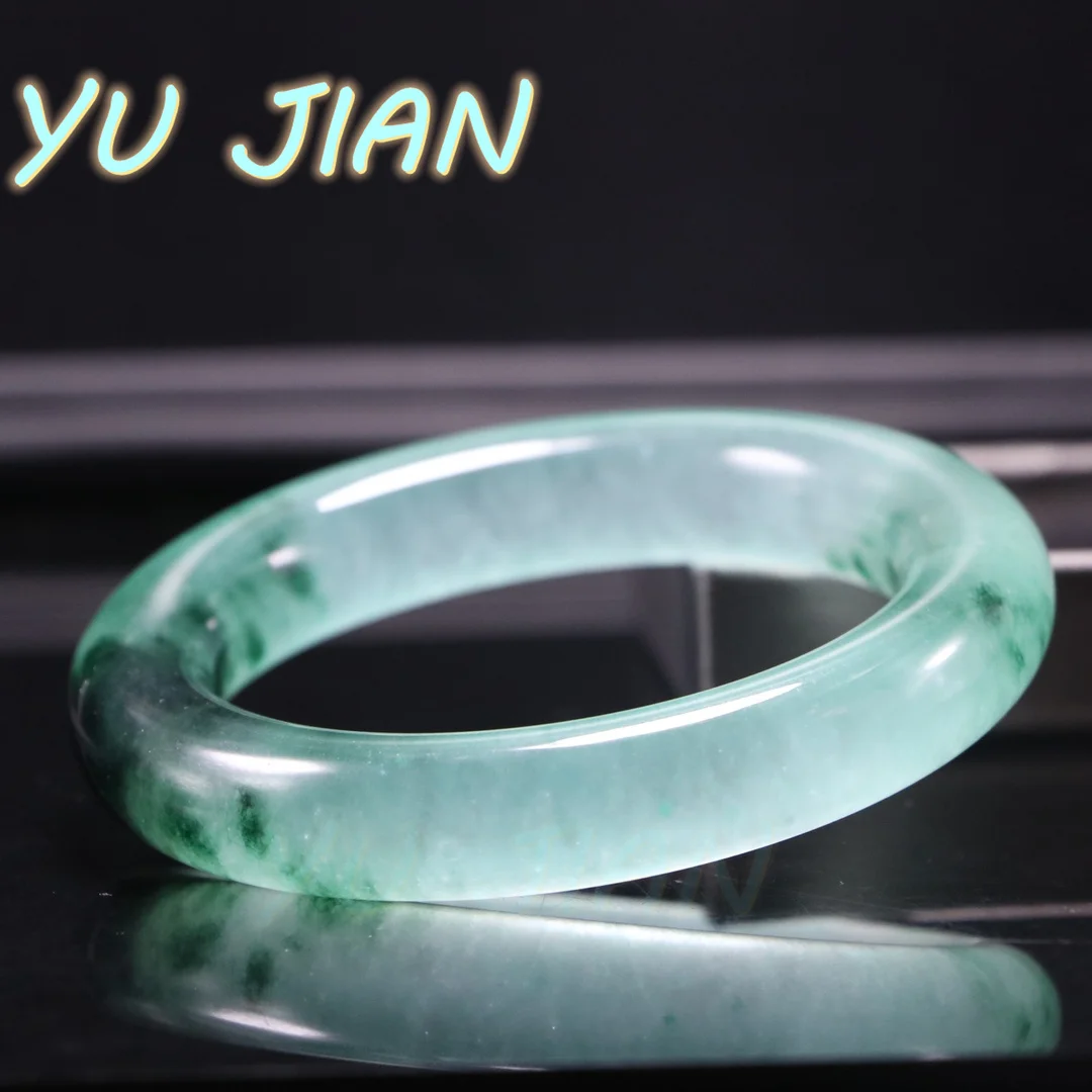 Original Texture Pattern Rare Jade High Ice Bracelet With Floating Blue-green Flowers Handring Jadeite Bangles Fine Jewellry