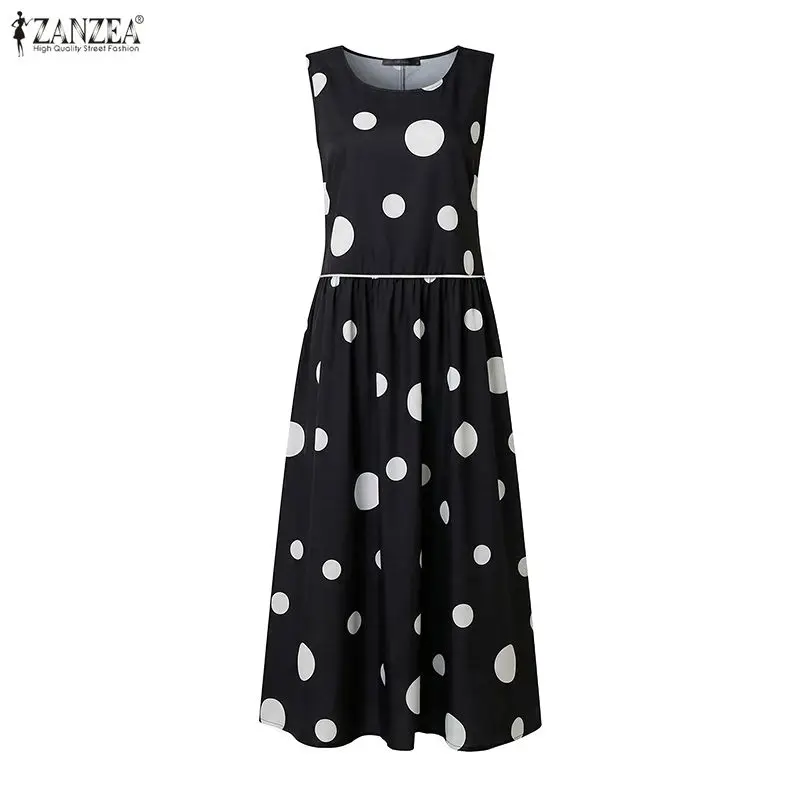 

ZANZEA 2026 Summer Sleeveless Sundress Polka Dots Printed Women Dresses Stylish Casual Holiday Beach Dress Loose Work Midi Robe
