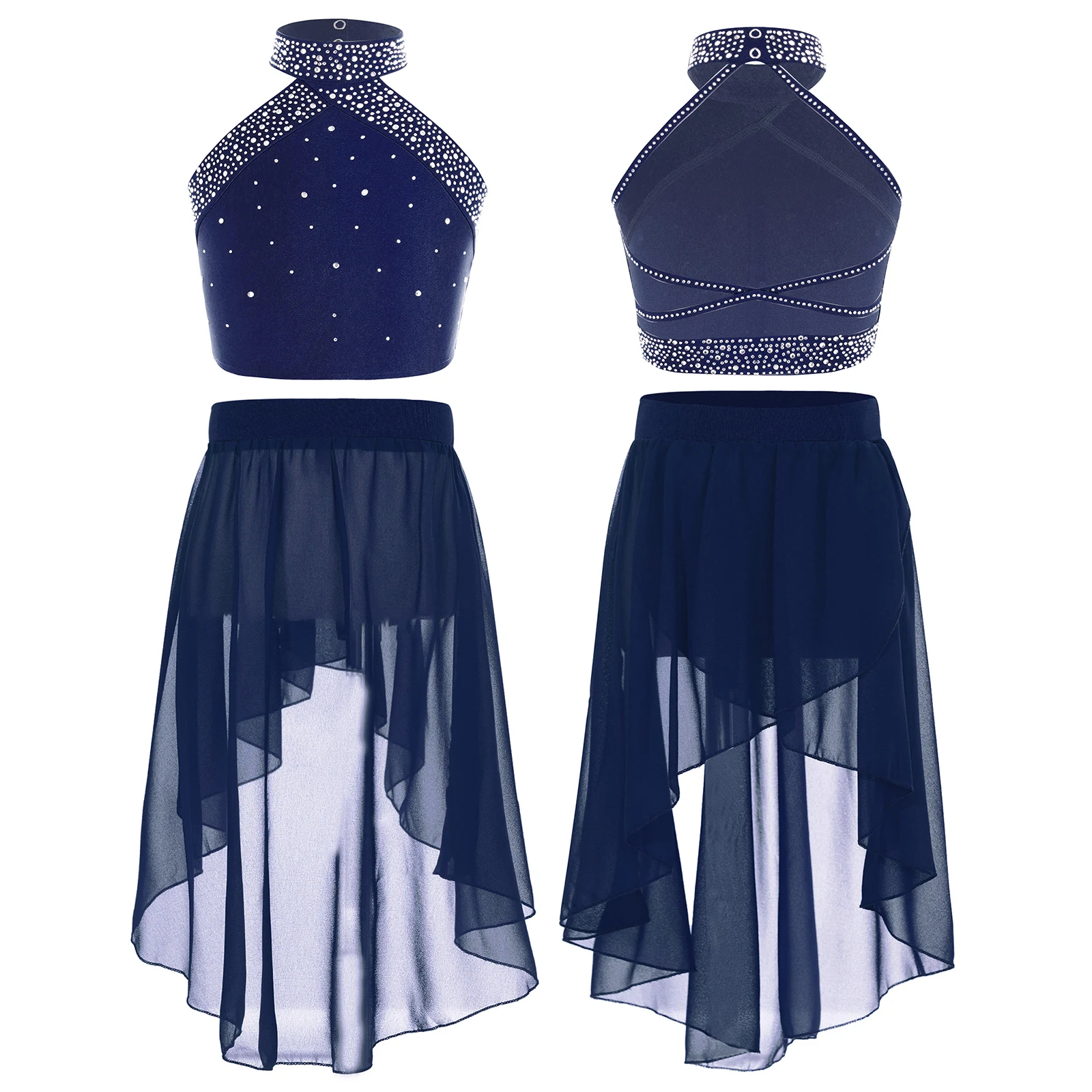 

Kids Girls Ballet Jersey Dance Figure Skating Lyrical Outfits Rhinestones Crop Top with Skirted Leotard Party Calssic Ball Gown
