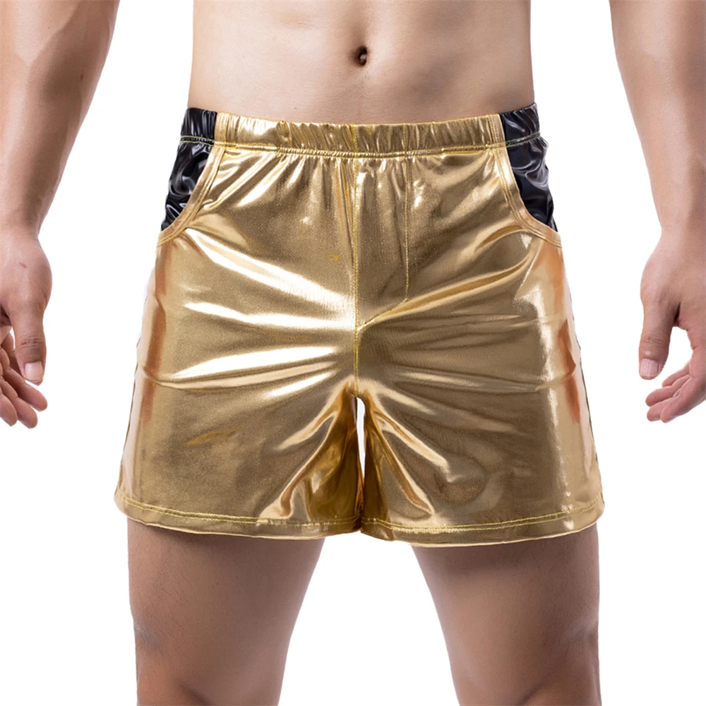 Mens Metallic Shiny Casual Shorts With Pockets Fashion Nightclub Stage Party Shorts Male Faux Leather Short Pants Dance Clubwear