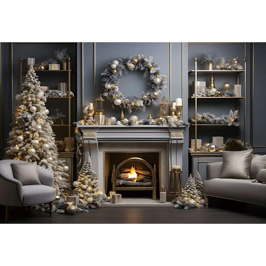 Avezano Christmas Background Winter Snow Fireplace Windows Interior Xmas Tree Decoration Backdrop Photo Studio Photocall Props