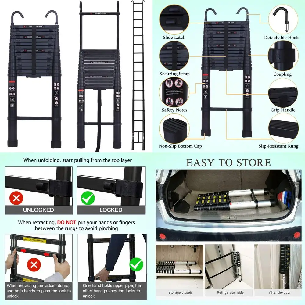 伸縮式アルミ製はしご 6.2M/20.5FT - 折りたたみ式で取り外し可能なフック付き、家庭、ビジネス、屋根工事、RV、アウトドア活動に最適