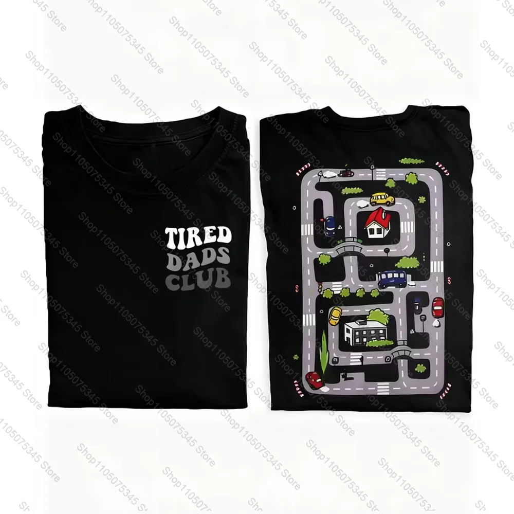 Fun and Tired Dad Club Printed T-Shirt Kid Play Cars on Dad Back Race Track Mat Short-sleeved Street Casual Fashion Top Clothing