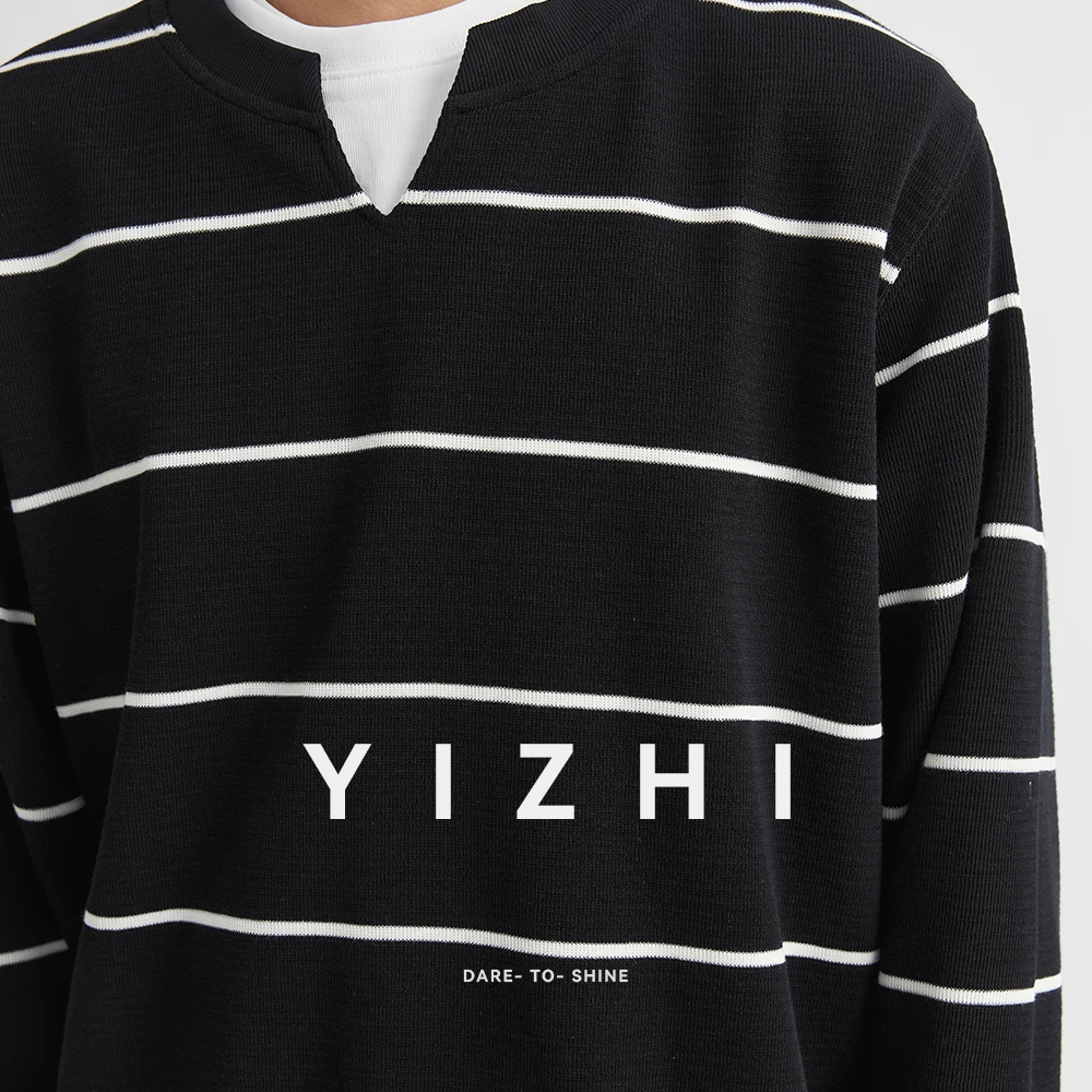 Fashion Men's V-neck Striped Long Sleeve Sweater Autumn New Fake Two-piece Knitted Jacquard Fabric Top Bottoming Shirt Pullover