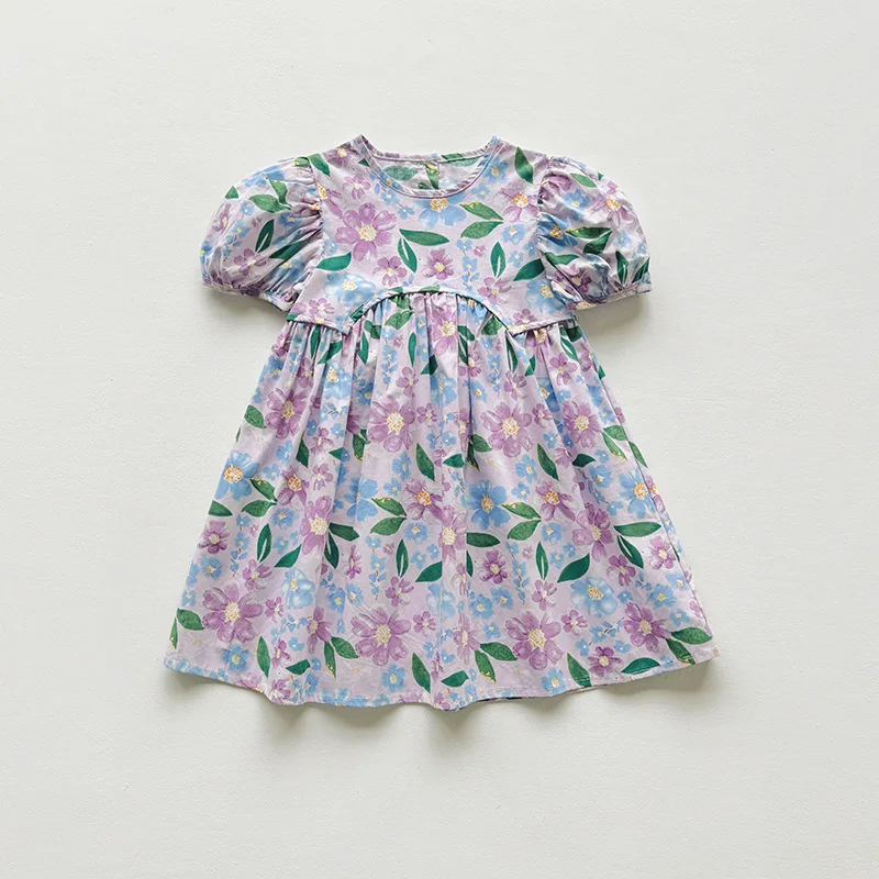 2025 Summer Kids Girls Dresses Short Sleeve A Line Girls Dresses Floral Print Pleated Dress For Girl