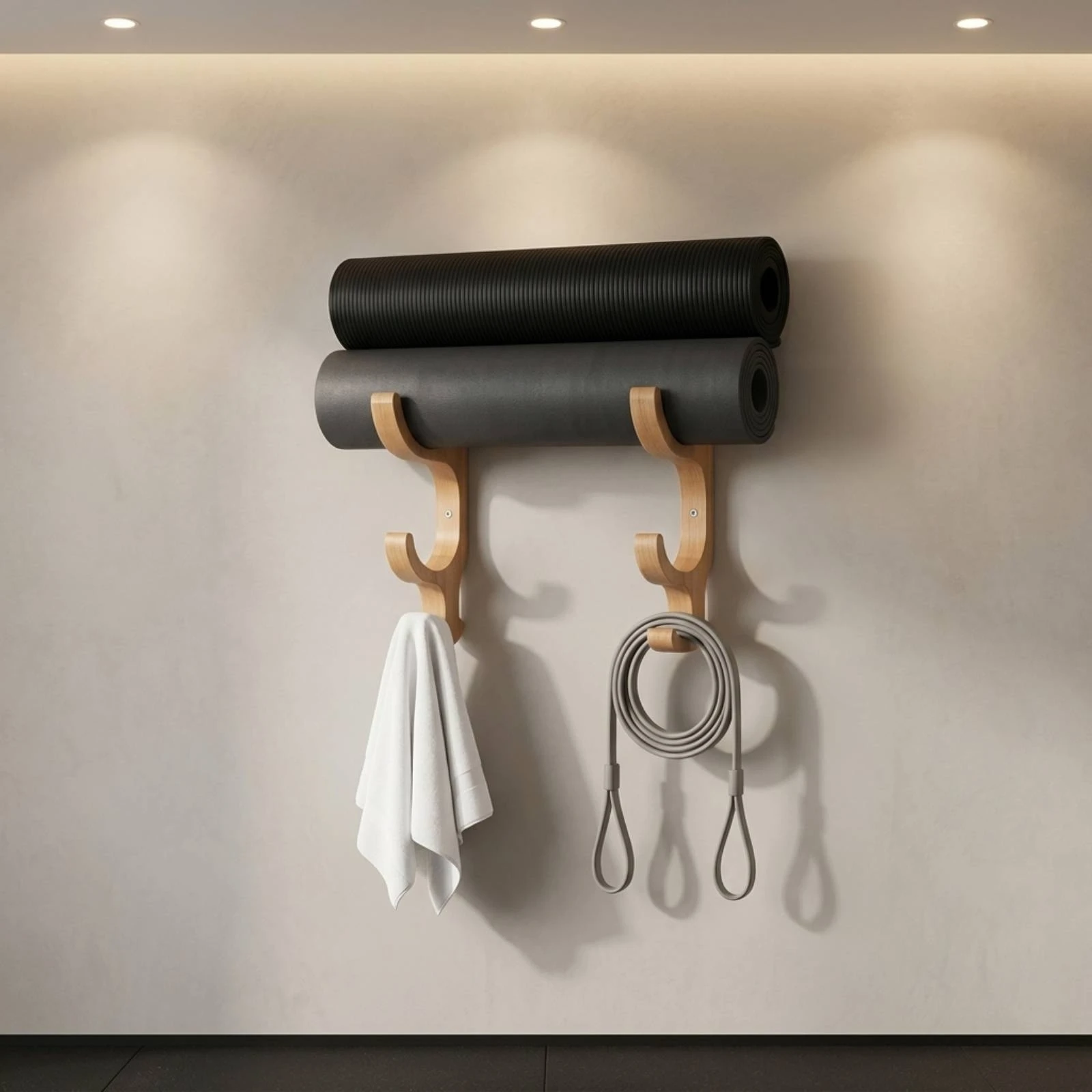 Fitness Mat Rack with Hooks Wooden Fitness Mat Holder with Hooks Gym Accessory Organizer Space-Saving Easy to Install for Yogi view 2